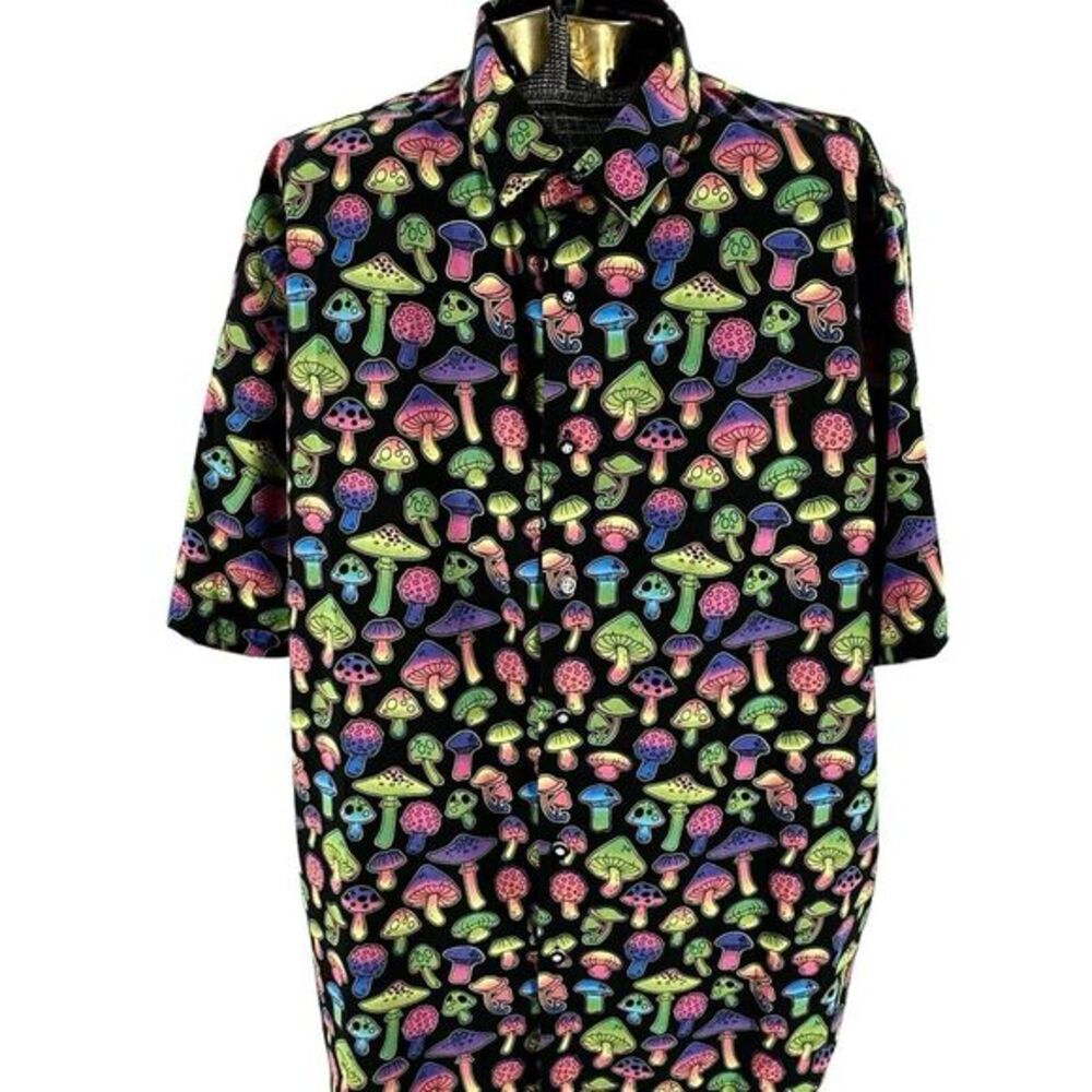 Blue Gear‎ Men's Mushroom Design Slim Fit Button Up Black Shirt Size 2XL
